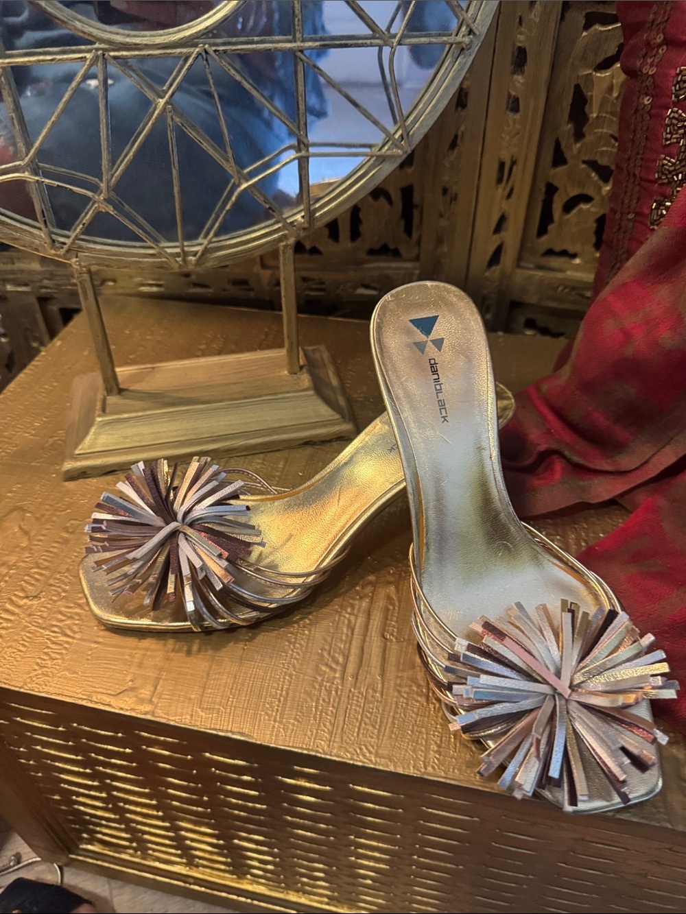 Unbranded Women's Gold Slide Heels with Multi-Tone Pom Detail gold silver bronze